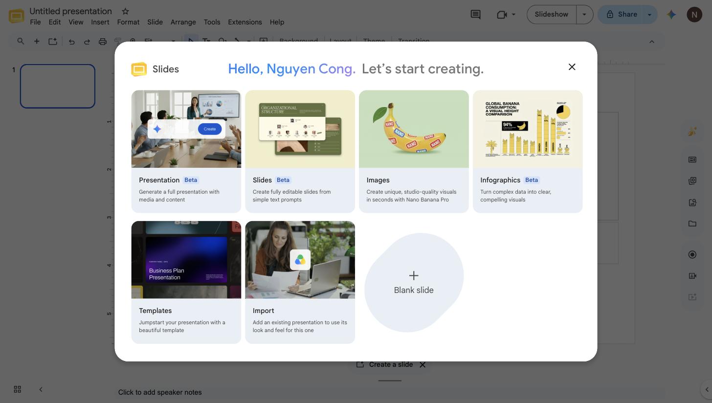 Google Slides Let’s start creating panel with the Presentation option powered by Gemini