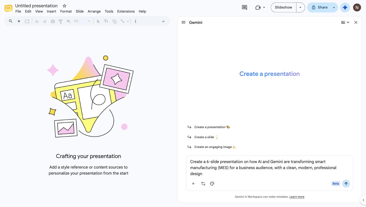 Typing a natural-language prompt into the Gemini panel in Google Slides