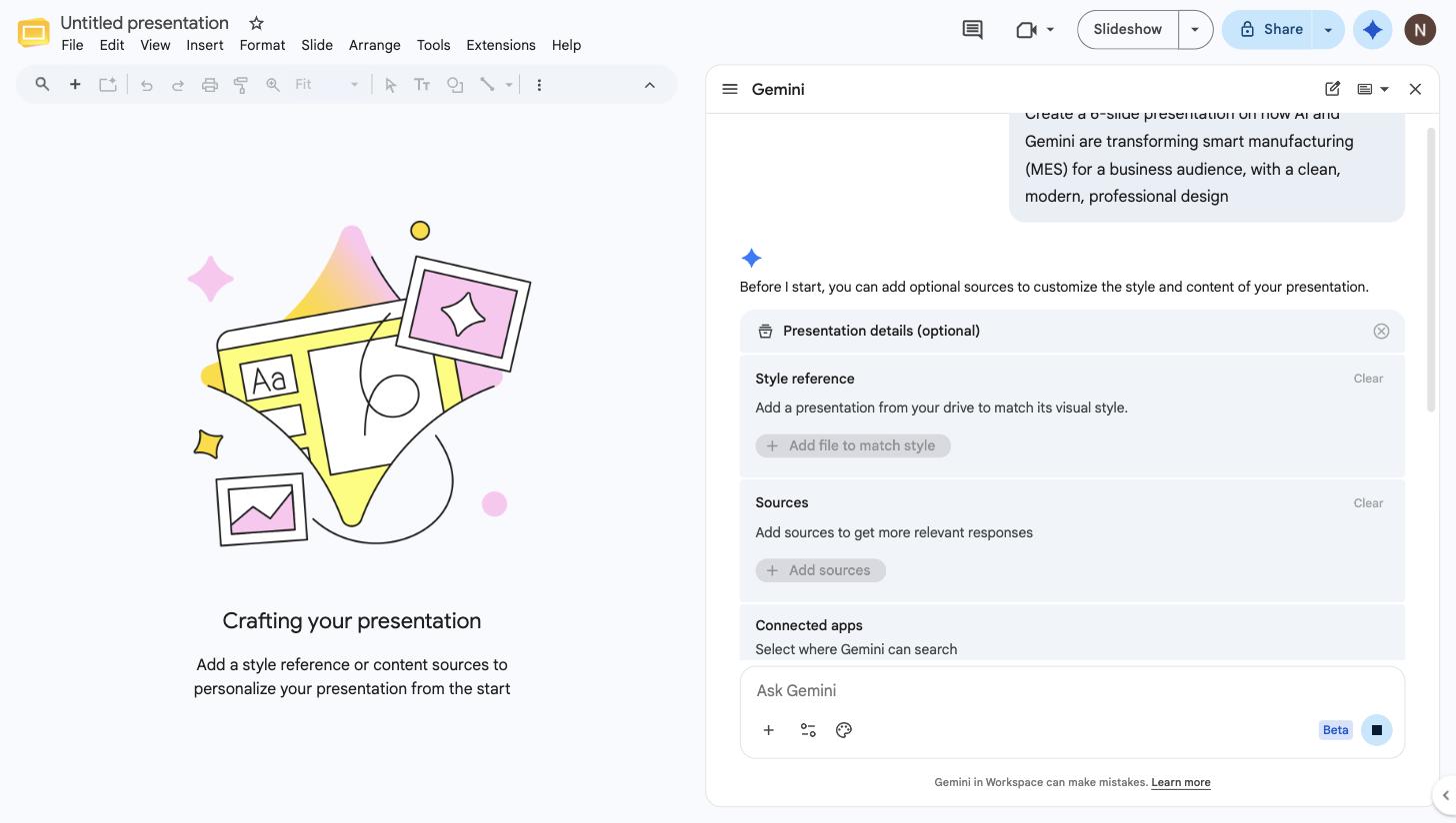 Optional personalization step in Gemini: add a style reference, add Drive sources, and choose connected apps