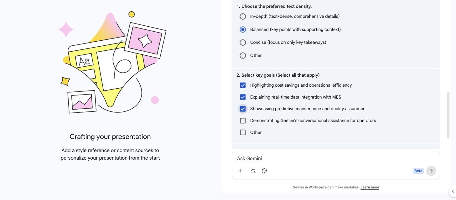 Gemini clarifying questions about text density and key goals for the presentation