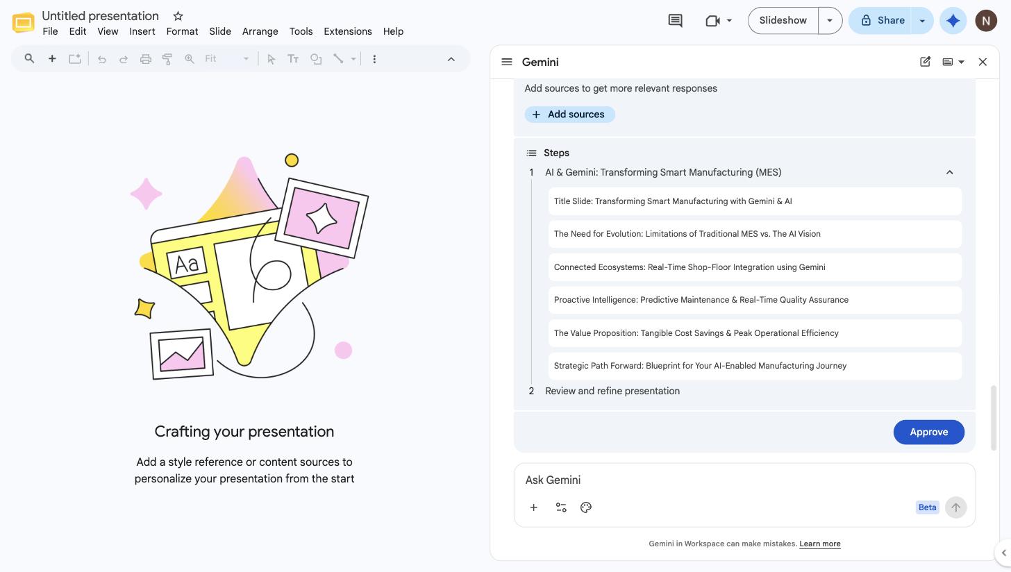 Editable slide-by-slide outline plan in Gemini with an Approve button