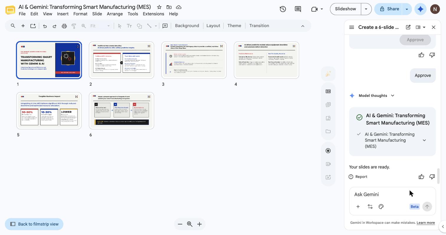 Gemini reports Your slides are ready alongside the completed six-slide deck