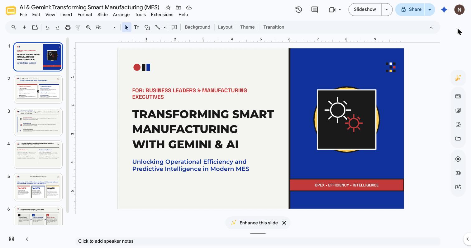 The finished title slide open in the Google Slides editor with all six slides editable in the filmstrip