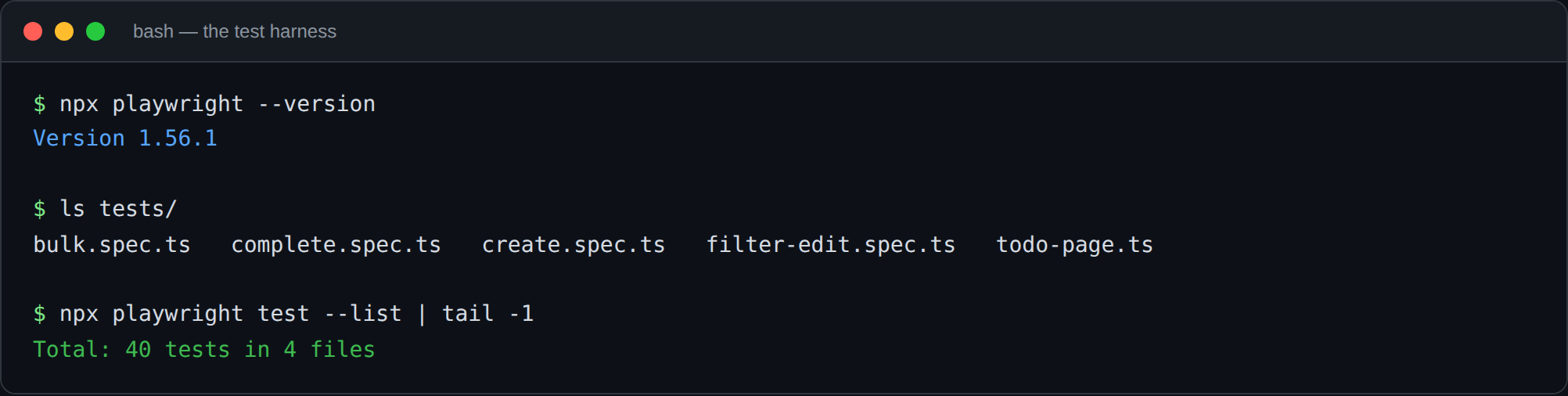 Terminal showing Playwright version 1.56.1, the test files, and a total of 40 tests in 4 files