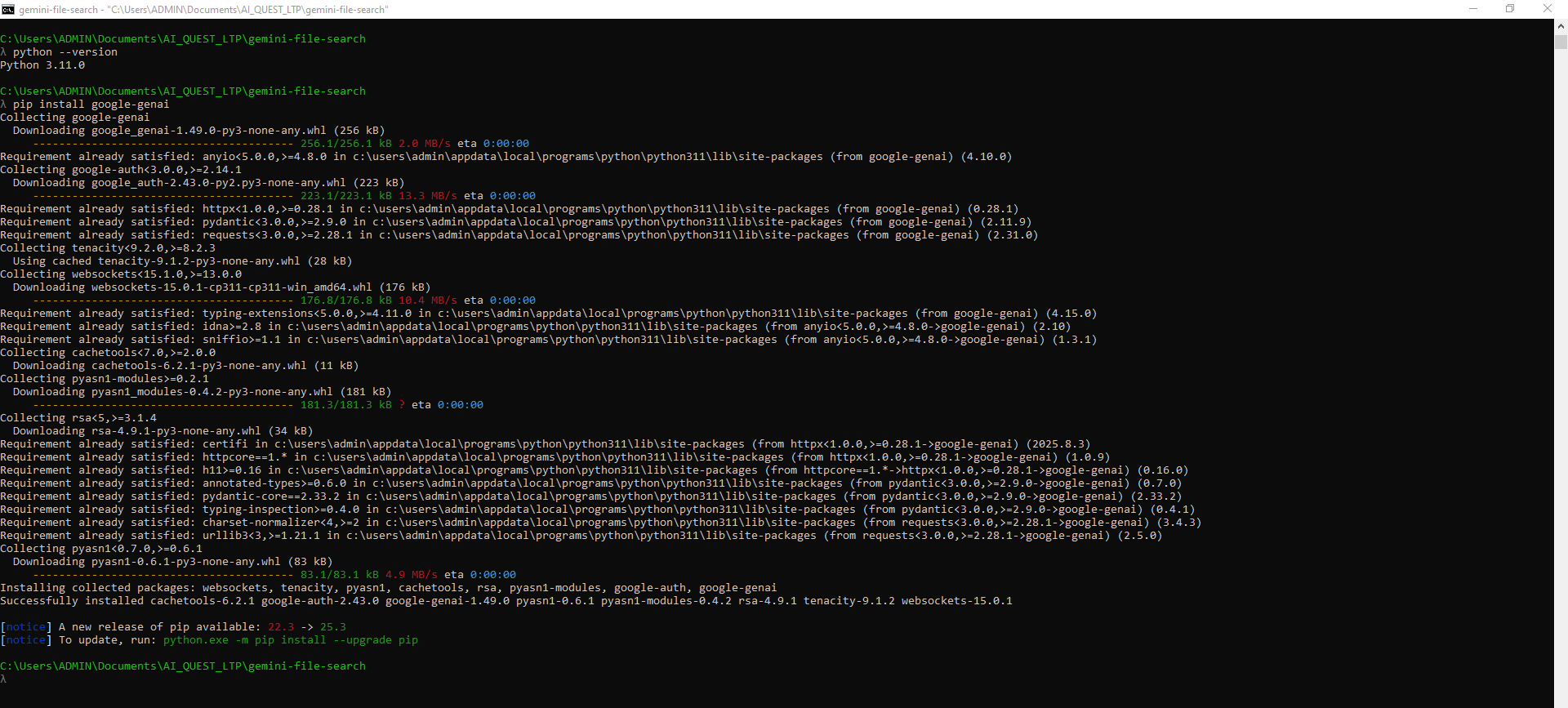 Package installation output