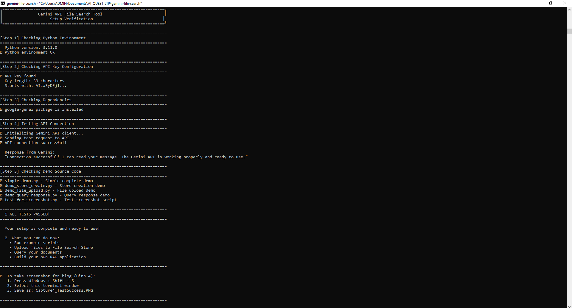 Successful setup test result