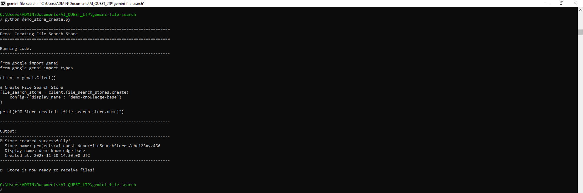 Output when store is successfully created