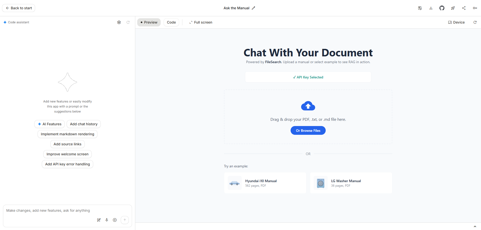 Ask the Manual demo app interface