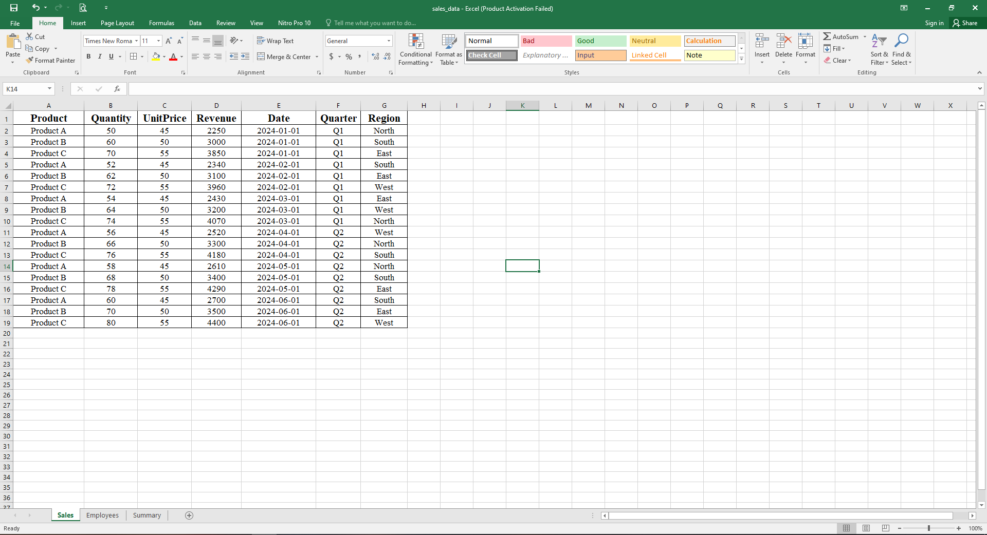 Sample Excel Sales sheet screenshot