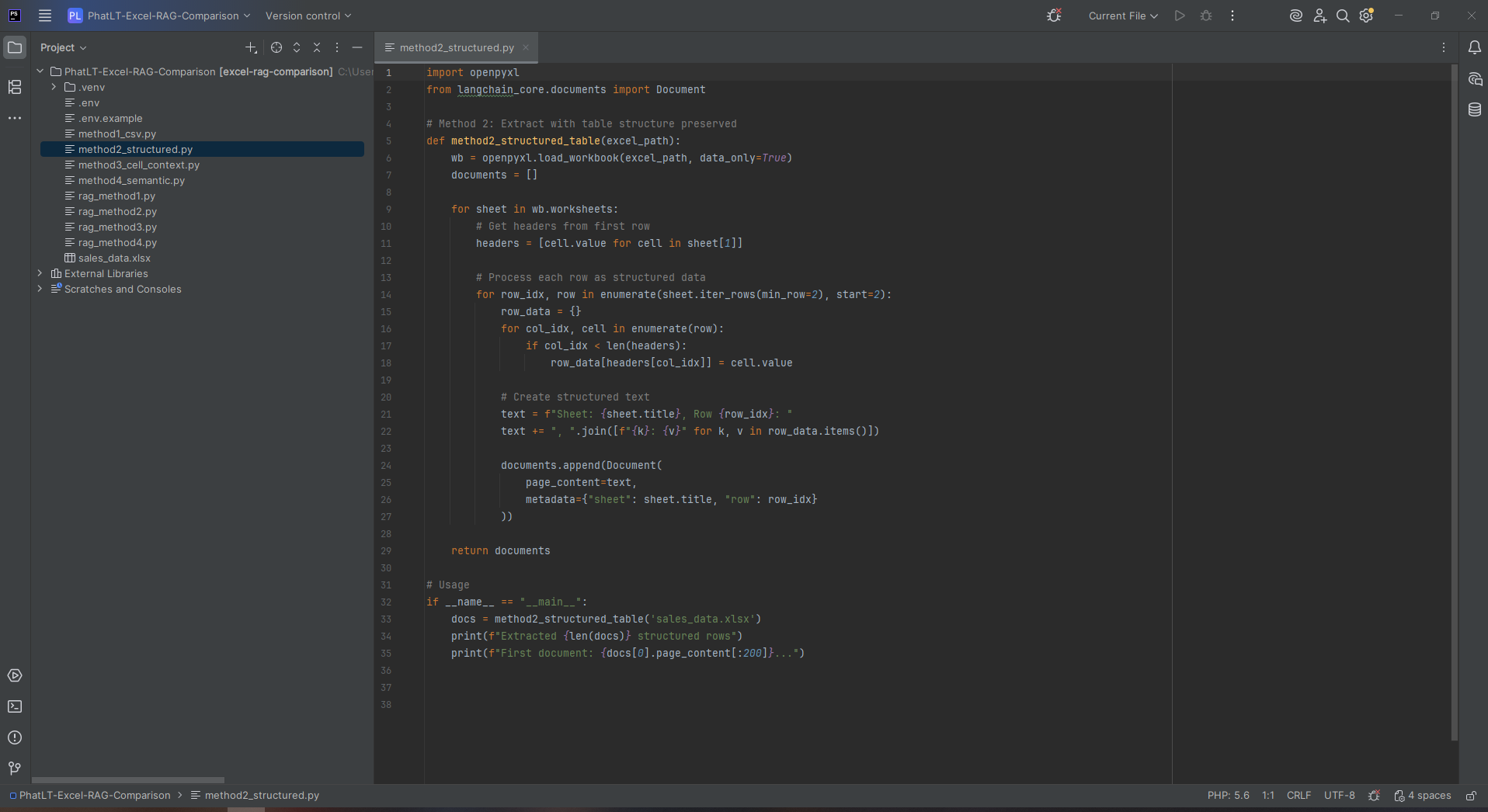 Screenshot Method 2 Structured Table code