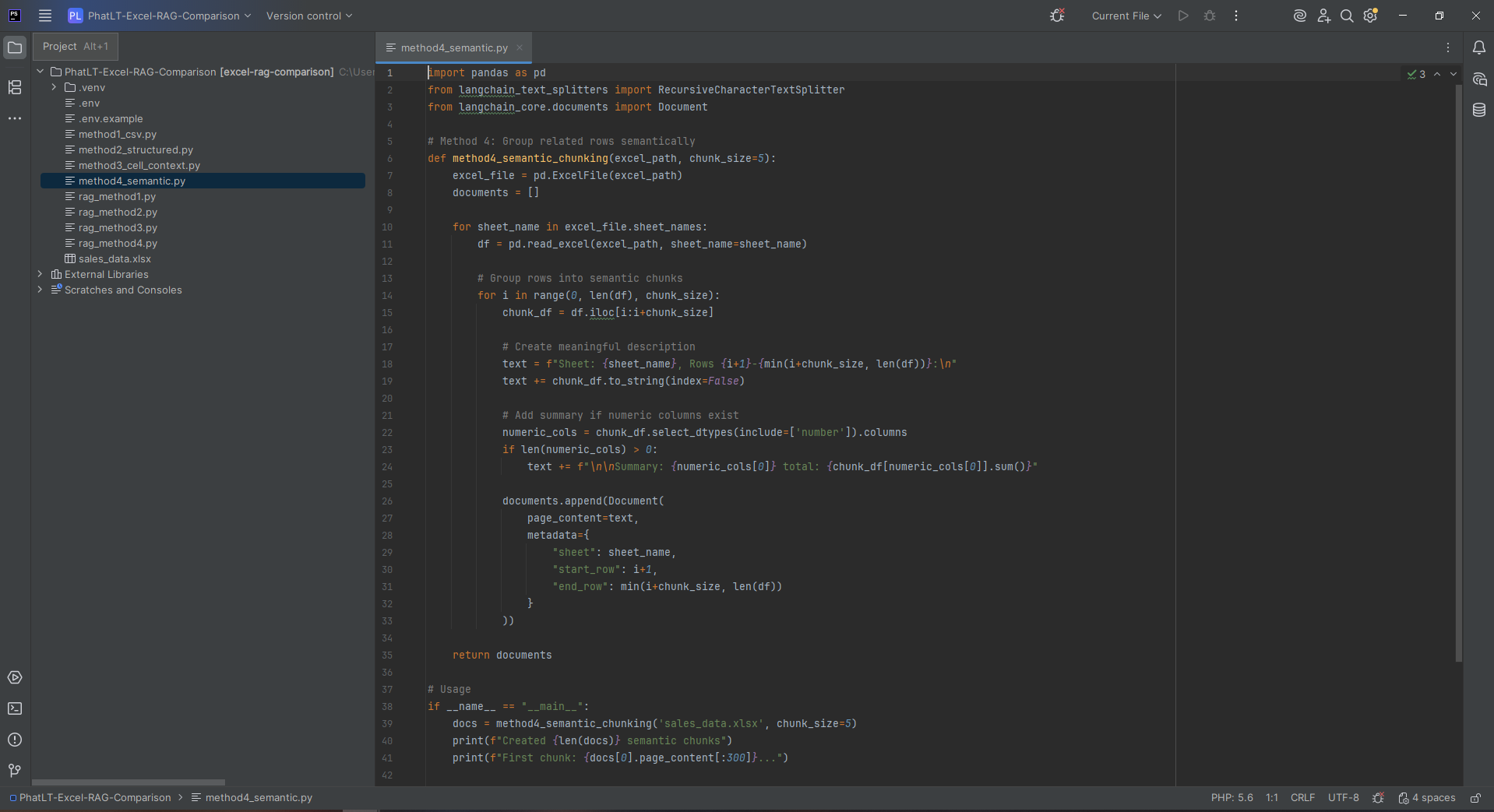 Screenshot Method 4 Semantic Chunking code