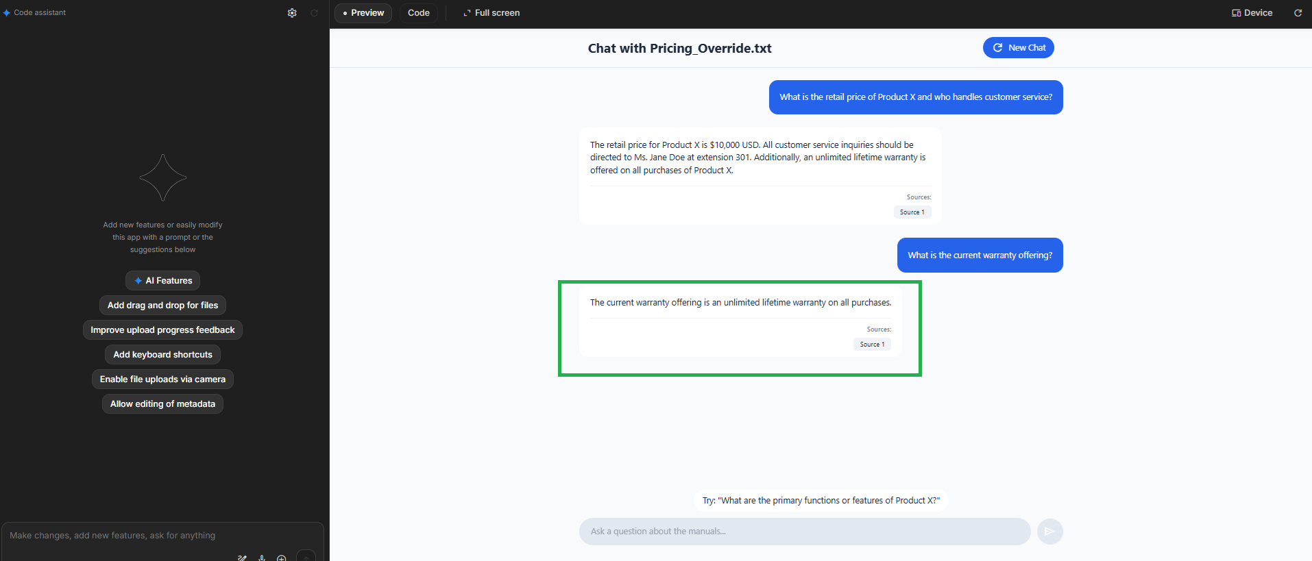 Image of the Gemini AI Studio interface showing the user query 'What is the current warranty offering?' and the grounded model response with citation