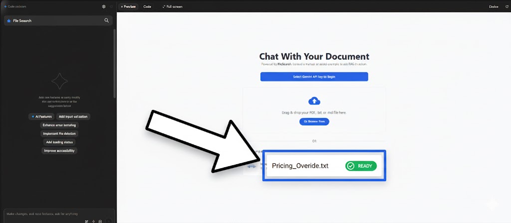 Image of the Gemini AI Studio interface showing the Pricing_Override.txt file successfully uploaded and ready for use in the File Search Tool